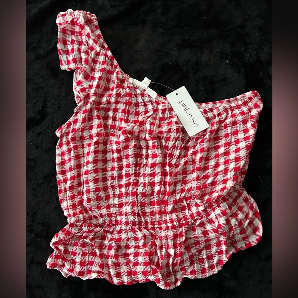 Pink Rose One Shoulder Red and White Gingham Top